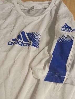adidas White Tee with Royal Blue Logo and Sleeve Panel